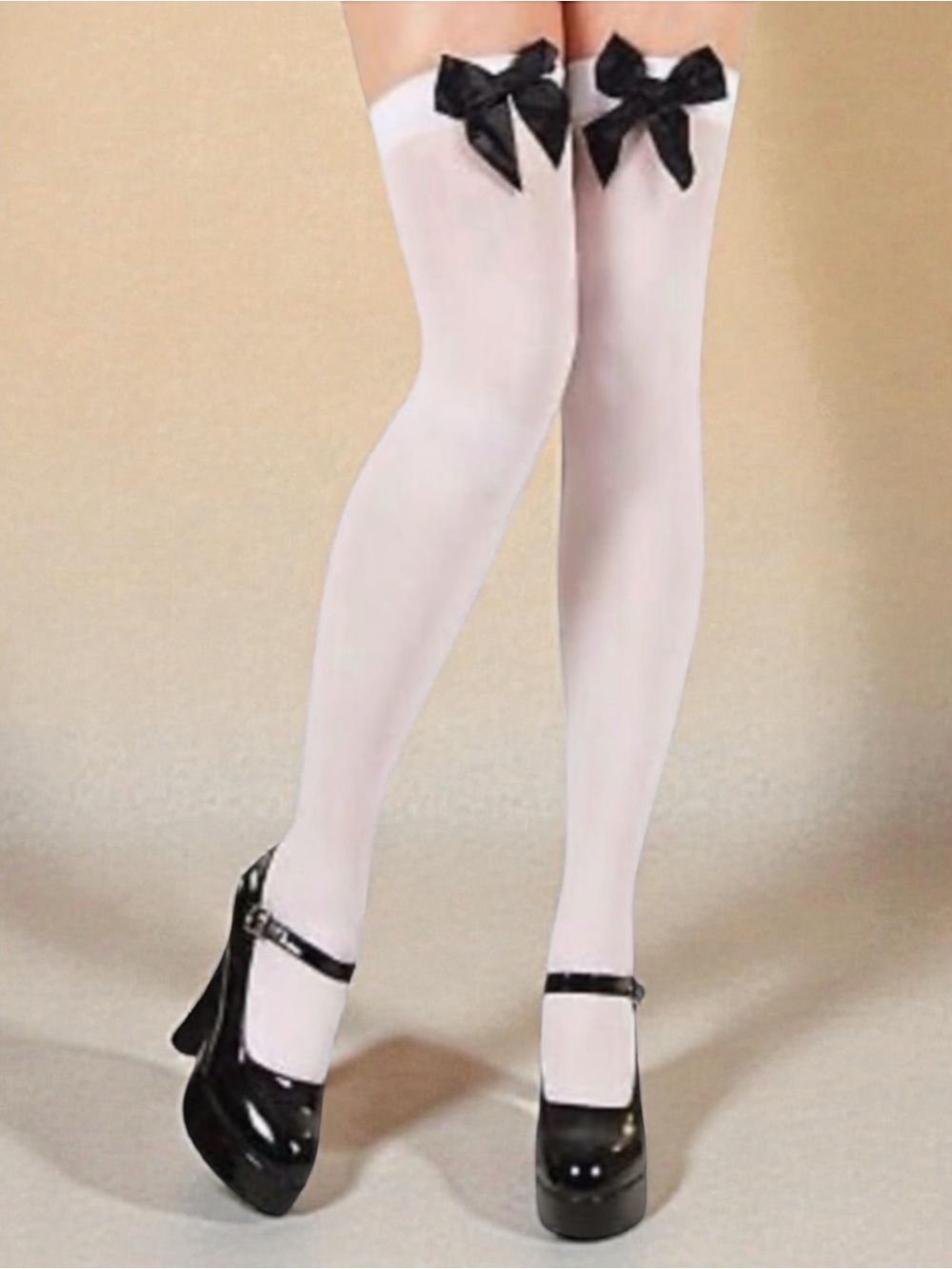 Music Legs White with Black Satin Bow Opaque Thigh Hi Pantyhose Tights